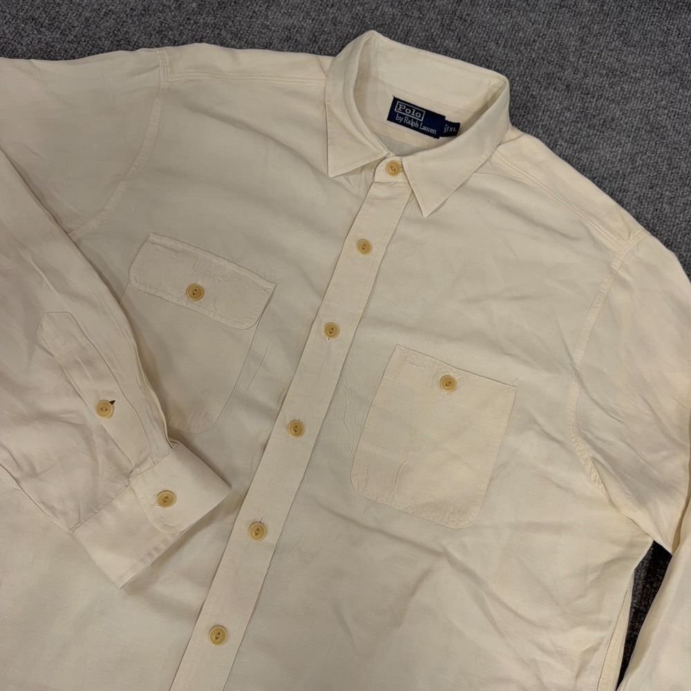 Vintage Polo Ralph Lauren Sport Shirt Men XL Cream Linen Silk Button Up *READ*